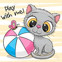Kitten with a ball on a yellow background