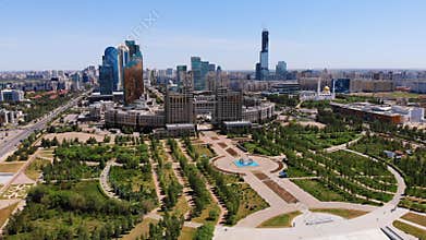 Incredible view of the center of Nur Sultan, the capital of Kazakhstan.  Shooting 2020 from a drone in Astana