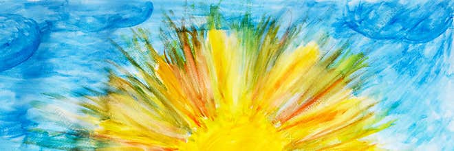The sun is painted in yellow on a sheet of white paper. . Children`s drawing. Background. The basis for the postcard