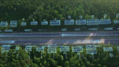 Logistics, delivery and transport of goods and parcels by means of transport, van and truck. Aerial view on highway with