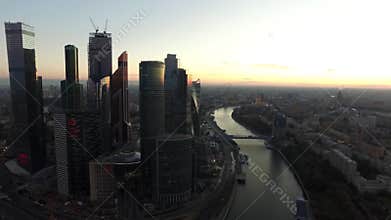 Aerial of famous Moscow city, modern city district with international business and financial center at sunset, Russia