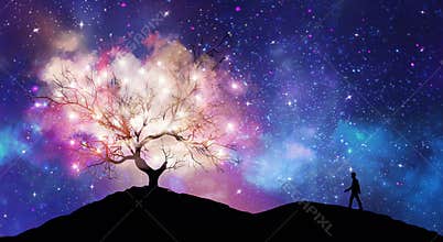 Tree of knowledge, man silhouette, cosmos, shining stars universe sky