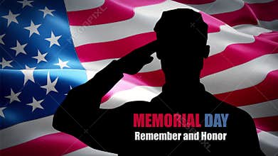 Shoulder silhouette of saluting army soldier in front of USA or America flag at Memorial DAY federal holiday seamless looping