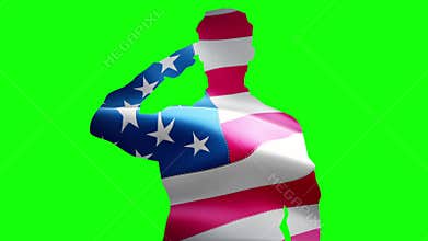 Shoulder silhouette of saluting army soldier USA or America flag seamless looping animation green screen