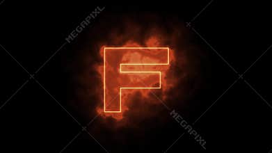Alphabet in flames - letter F on fire - drawn with laser beam on black background