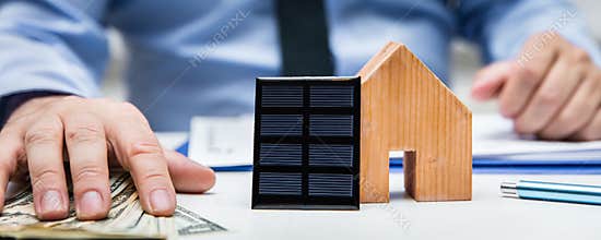 Header, man with us dollars and a house with a solar panel