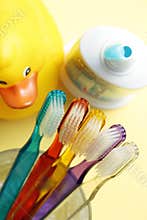 Families Toothbrushes, Toothpaste, Yellow Rubber Duck, Bathroom
