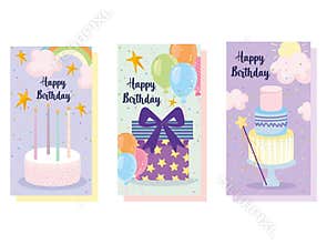 Happy birthday, cake balloons candles cartoon celebration decoration banner