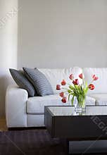 Red tulips in modern living room - home decor