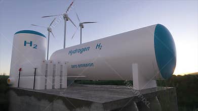 Hydrogen renewable energy production - hydrogen gas for clean electricity solar and windturbine facility. 3d rendering