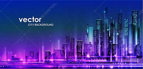 Vector night city illustration with neon glow and vivid colors
