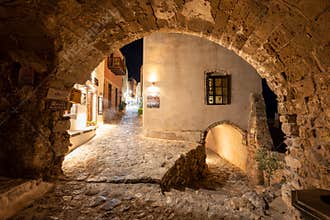 Greece in summer time , inside ancient town architecture of  The castle-town of Monemvasia in Lakonia, Greece