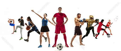 Sport collage of professional athletes or players isolated on white background, flyer