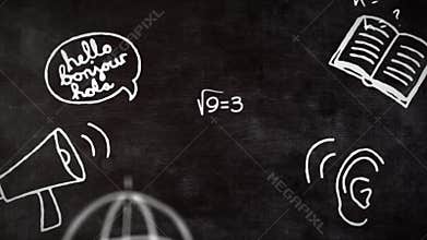 School concept icons and Mathematical equations against blackboard