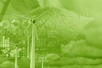Wind turbine overlay with plant leaf and data infographic for eco green energy environmental friendly power technology data