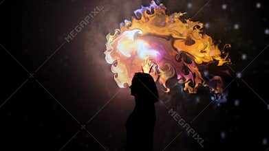 Girl plays with interactive video installation, New art form, generative graphics. Silhouette of girl draws multi