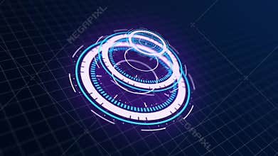 HUD element. Animation of HUD Heads up display in blue, motion graphic on grid background