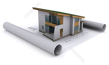 House with a green roof is on the construction dra