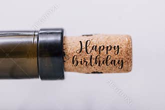 Happy Birthday card template. Wine cork close-up. Best birthday background