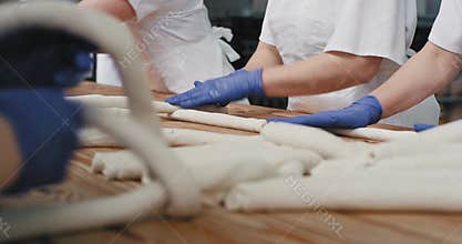 Baking bread process shelves of a kneading dough future bread , food industry and production factory