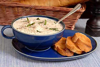New England Chowder in a blue bowl