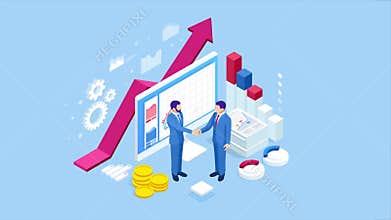 Isometric Successful business collaboration. Businessmen shaking hands. B2B. Data and key performance indicators for