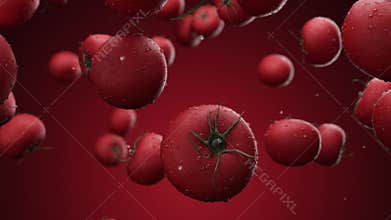 Falling tomatoes with water drops on a red background
