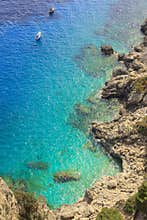 Mediterranean sea with alone boats on blue water, Capri island, Italy.