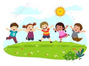 Group of happy kids jumping on summer meadow
