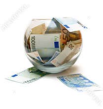 Concept euro money in glass over white