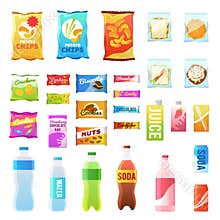 Product for vending. Tasty snacks sandwich biscuit candy chocolate drinks juice beverages pack retail, set flat vector