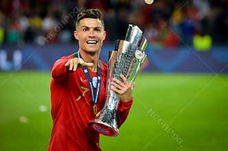 PORTO, PORTUGLAL - June 09, 2019: Portugal's Cristiano Ronaldo and team mates celebrate winning the UEFA Nations League Final wit