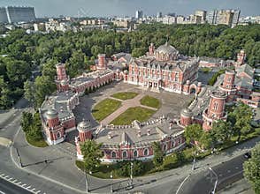 Petrovsky Palace on Leningradskii avenue in sping day. Aerial drone view. Moscow, Russia