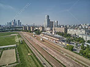 Racing track in non racing day without horses and main building at Moscow hippodrome on summer day - aerial view