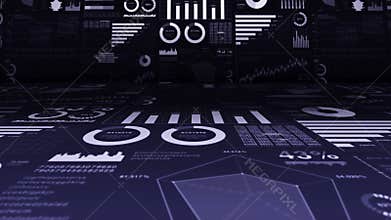 Financial bar charts and growing graphs. Business infographics with depth of field on dark blue background. Business success, grow