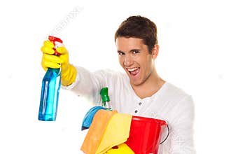 Man with polish. Cleaning the apartment. Home