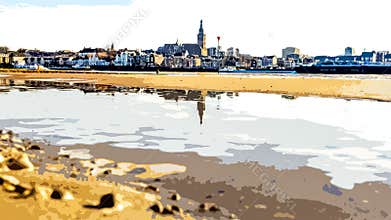 Illustration of the skyline of city Nijmegen with reflection in the river Waal in the Netherlands