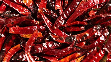 Red hot dried chiles de arbol peppers 4k video spinning clockwise slowly top down view
