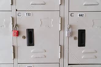 Line of lockers with the lock in the hallway of campus in primary school