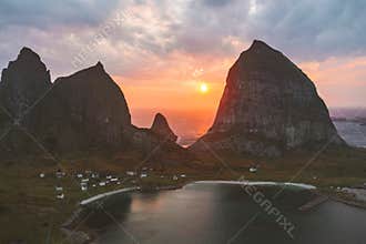 Aerial view above sunset sea rocks in Norway travel destinations