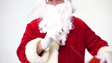 Christmas. Santa Claus on a white background with a red box with a bow, gives it. Present.