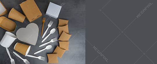 Paper and bamboo tableware, cartoon boxes, cups, cutlery for street food, fast food, picnic, no plastic concept, grey background.