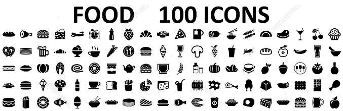 Food set 100 icons for menu, infographics, design elements – stock vector