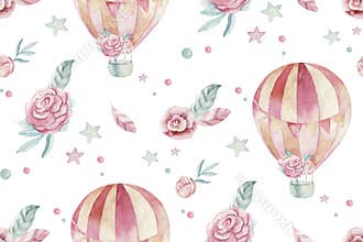 Baby shower kid swan watercolor girl seamless pattern butterfly cartoon elements. Set of baby pink dress and baby`s