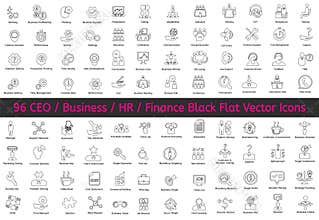 96 Ceo, HR, Business, Finance icons vector flat black line icons.