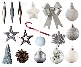 Christmas ornaments and decorations isolated on white background.