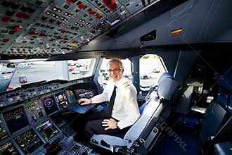Lufthansa A380 cockpit and pilot
