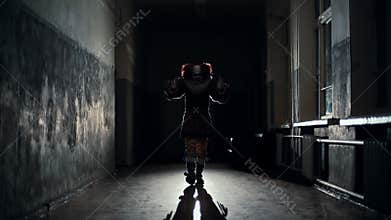 Scary clown in a dark hallway at night goes to a man in slow motion