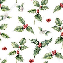 Watercolor holly and mistletoe Christmas seamless pattern. Hand painted holiday plant with red and white berries