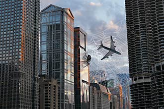 Funny Surreal Spider, City, Web, Jet Plane